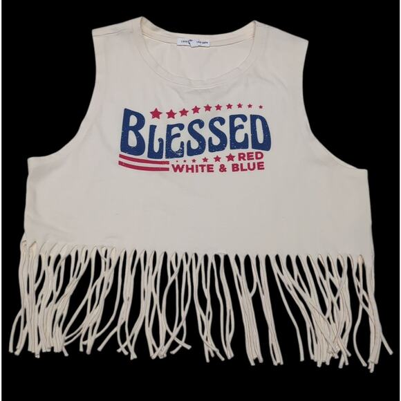 Love Peace & Lazy Days Fringe Crop Top Jr Size XL Cream Blessed Red White Blue - Picture 2 of 13